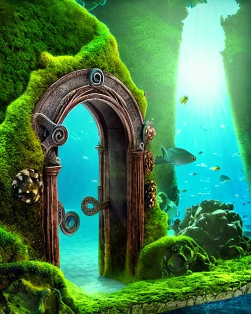 Prompt: underwater otherworldly stargate, entrance to atlantis populated sealife, moss, rocks, epic scenery, far, starry gate photorealistic