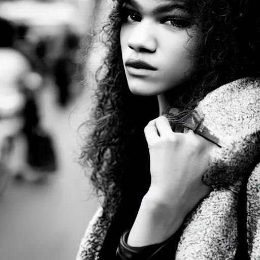 Image similar to black and white fashion photograph, highly detailed portrait of a depressed Zendaya as a drug dealer on a busy Paris street, detailed face looking into camera, eye contact, natural light, rain, mist, lomo, fashion photography, film grain, soft vignette, sigma 85mm f/1.4 1/10 sec shutter, Daren Aronofsky film still promotional image, IMAX 70mm footage