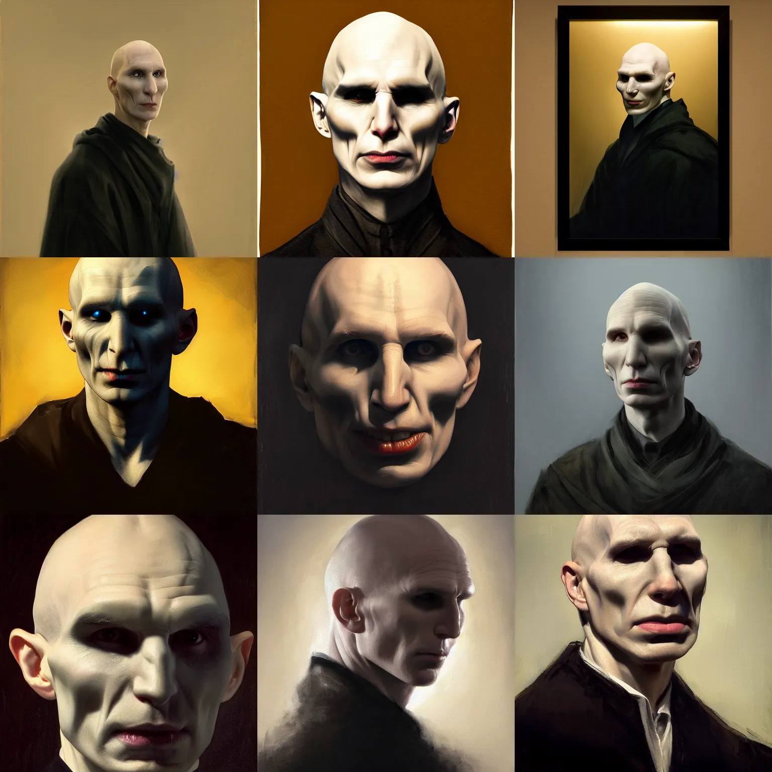 Prompt: a beautiful painting portrait of voldemort, by rutkowski and rembrandt, rim light, backlight, studio light, featured on artstation