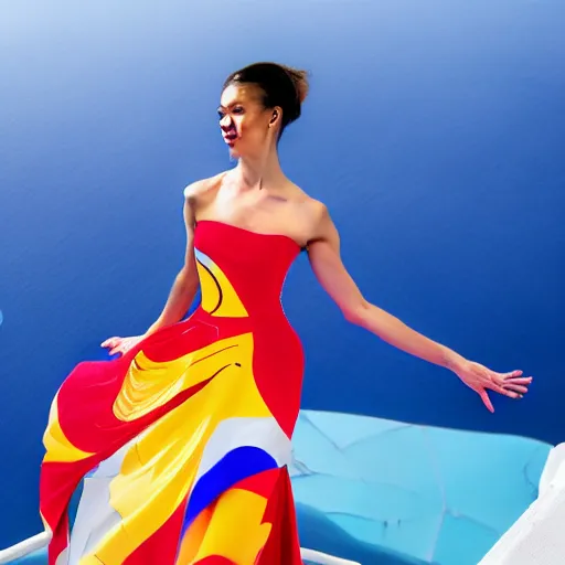 Image similar to beautiful modern dancer wearing a red and yellow and blue swirling dress, standing on a Santorini terrace looking down into the ocean, trending on artstation, cinematic, unreal 5, DAZ, hyperrealistic, octane render, dynamic lighting