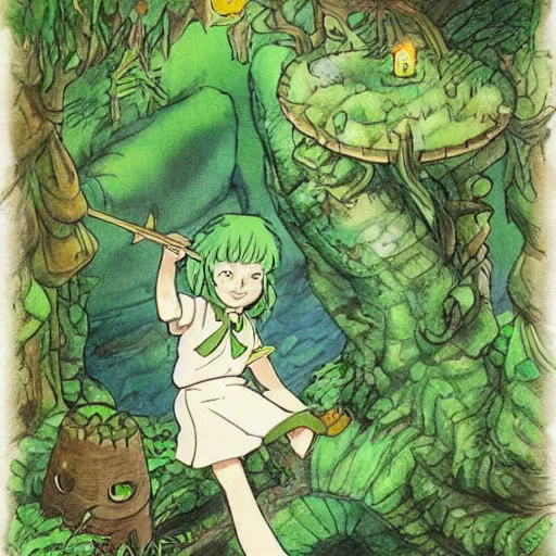 Prompt: a green genie ready to grant wishes deep in the forest, fantasy illustration, studio ghibli