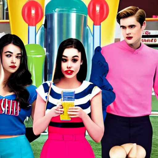 Prompt: betty cooper, archie andrews and veronica lodge all drinking from the same milkshake with their own straws