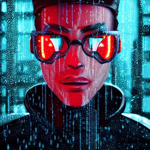 Image similar to stylish cartoon portrait made out of rain, cyberpunk background, rendered in octane, unreal engine, highly detailed, trending on artstation, realistic, splashes of neon, beautiful, volumetric lighting, depth of field, glowing eyes