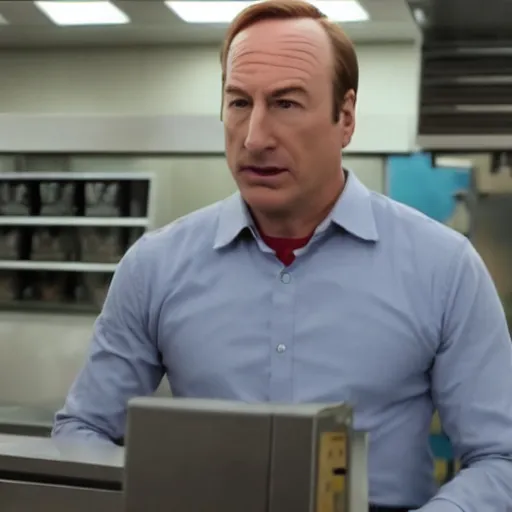 Image similar to gene ( bob odenkirk ) working at cinnabon, better call saul, 8 k