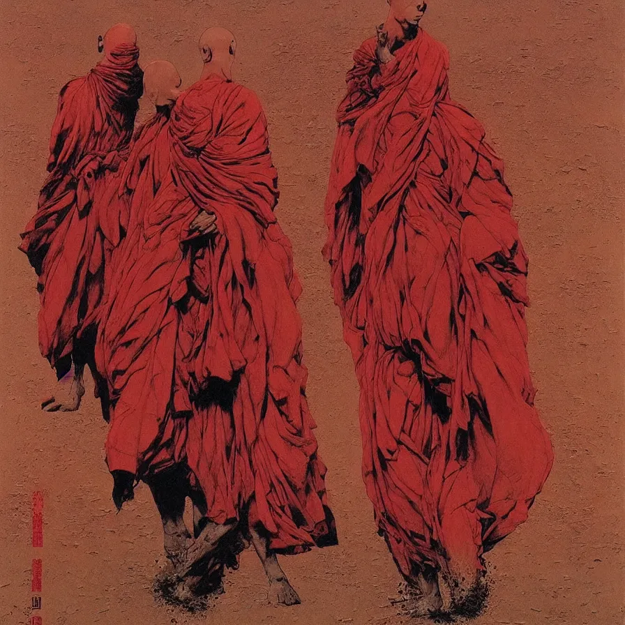 Image similar to ! dream faceless monks on a desert, red color scheme, high detailed beksinski painting, by adrian ghenie and gerhard richter. art by takato yamamoto. masterpiece, deep colours.