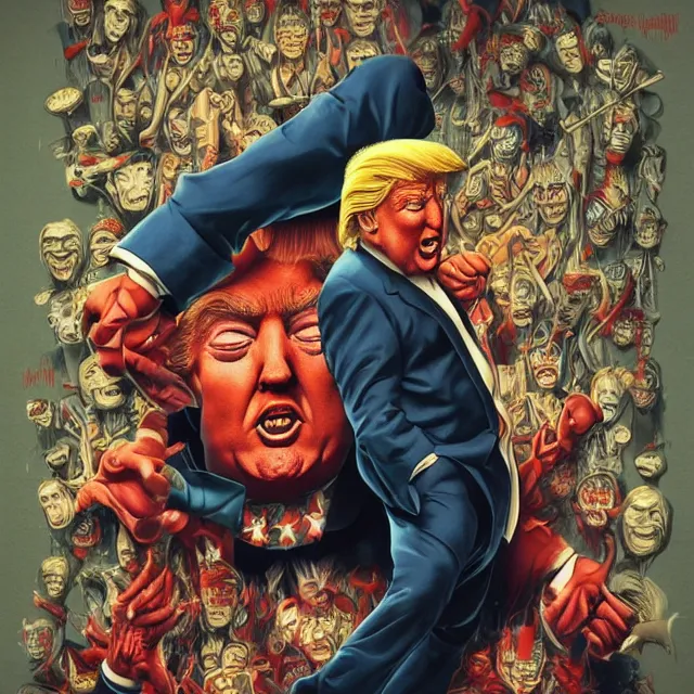 Image similar to donald trump is a disgusting clown, grotesque, horror, high details, intricate details, by vincent di fate, artgerm julie bell beeple, inking, vintage 9 0 s print, screen print