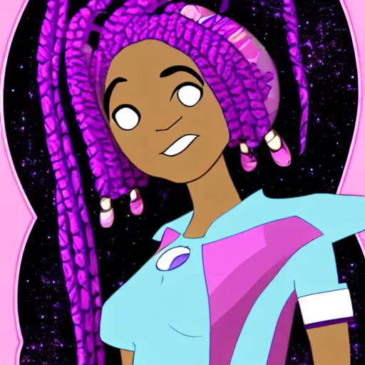 Image similar to black woman with purple dreads in space in the style of steven universe