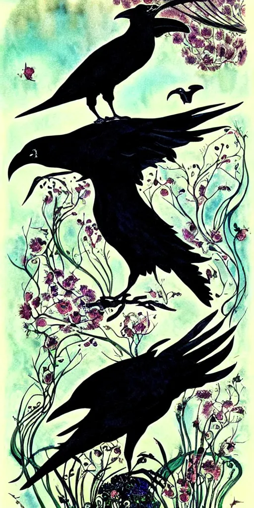 Image similar to floral frame with ravens peeking through art by kay nielsen, illustration style, watercolor