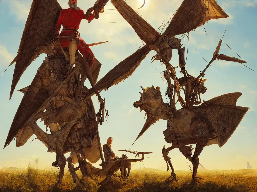 Image similar to portrait of don quixote sitting on a pterodactyl, windmill, summer, sun in the zenith, digital art, highly detailed, stunning scene, realism, stunning scene, bright colors, trending on artstation, masterpiece