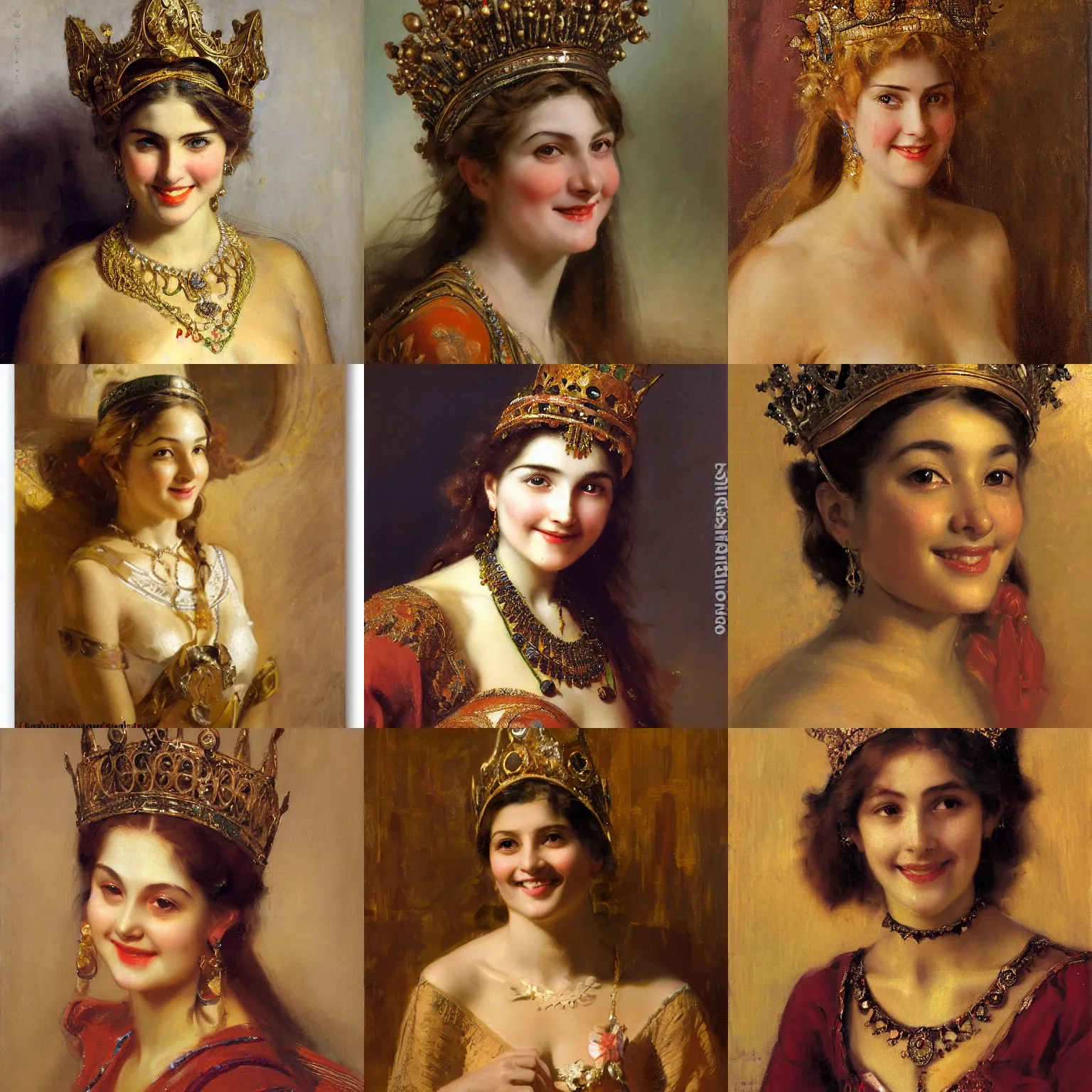 Prompt: cute smiling young woman wearing a crown orientalism face detail by theodore ralli and nasreddine dinet and anders zorn and edwin longsden long, bronze age, sword and sorcery, oil on canvas, masterful intricate artwork, excellent lighting, high detail 8 k