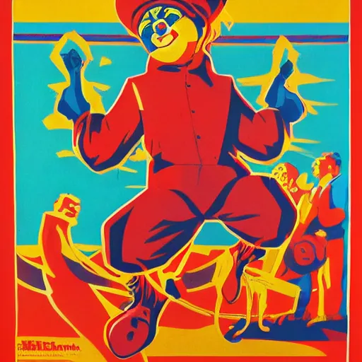 Image similar to communist clown painting, soviet propaganda, vivid colors, poster art style, detailed image