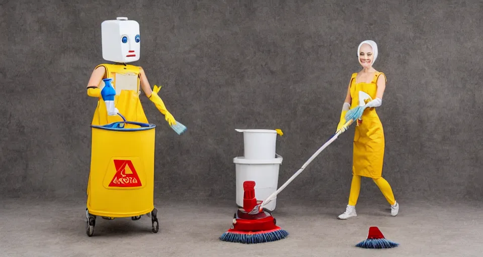 Prompt: a robot dressed as a cleaning lady, holding a brush