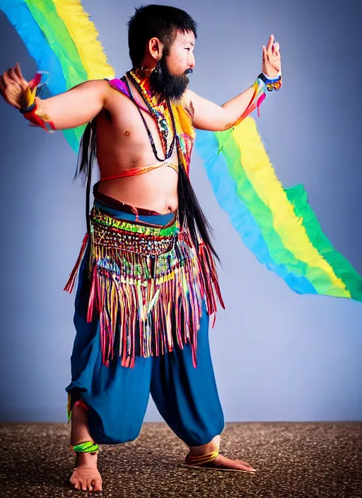 Image similar to japanese man with short hair and a beard wearing a native indian outfit, dancing next to a rainbow, full body portrait, dynamic lighting