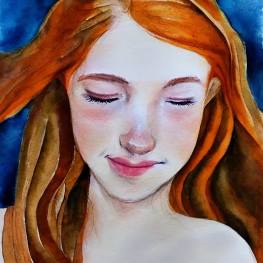 Prompt: portrait of a young beautiful ginger woman, closing her eyes, smiling, aquarelle, realistic painting, freckles, 1 / 4 headshot