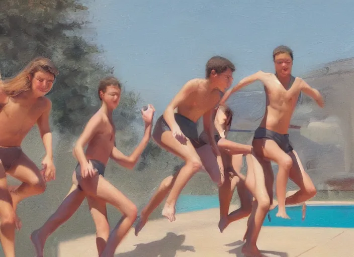 Image similar to a group of teens in the moment of jumping into a pool, oil painting by ralph maquarrie and james gurney, soft edges, subtle colours