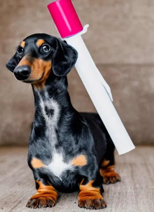 Image similar to clear photo of a black and dapple Dachshund with a megaphone for a head