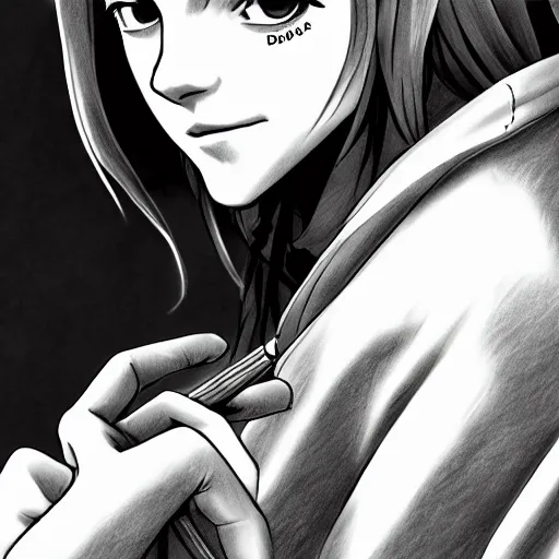 Image similar to a very detailed pencil drawing of emma watson in demon slayer manga panel 4 k, high resolution, still, landscape, hd, dslr, hyper realistic, manga, beautiful