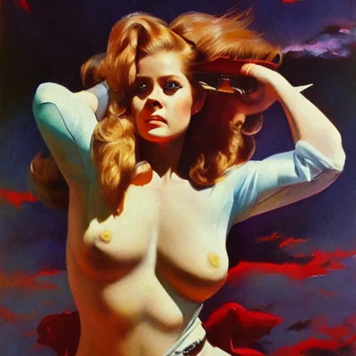 Image similar to ultra realistic portrait painting of amy adams as an android cowgirl, art by frank frazetta, vintage levi ’ s ad, stormy weather, dark vibes, 4 k, ultra realistic, highly detailed, epic lighting