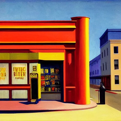 Image similar to painting of a blockbuster movie rental store by edward hopper