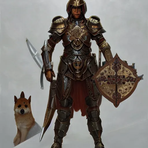 Image similar to paladin armor with cross, anthropomorphic shiba inu, shiba inu face, stuning 3 d render, masterpiece, glowing aura, by donato giancola and greg rutkowski and wayne barlow and zdzisław beksinski, realistic face