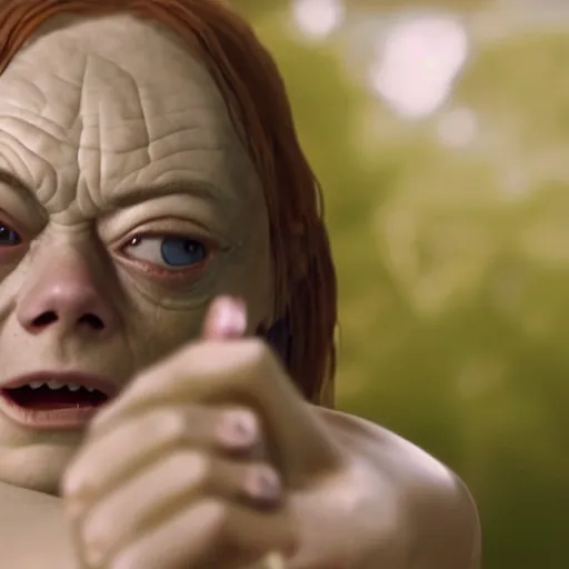 Prompt: emma stone gollum holding the one ring, emma stone is smeagol, looking at the golden ring from lotr, the one ring to rule them all, 8k detail, hyper realistic, cinematic camera