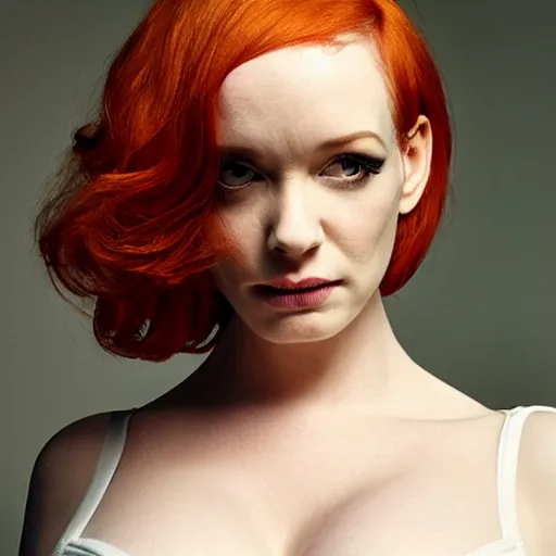 Image similar to symmetry!! christina hendricks!!! full frontal body photography of skinny christina hendricks in croptop by mario testino, croptop!! blushing, red - cheeks!!, dim volumetric cinematic lighting, 8 k, post - processing, extremely hyper - detailed, intricate, epic composition, masterpiece, stunning,