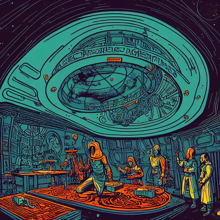 Prompt: ancient alchemist wizards laboratory, ceiling dome outerspace, high details, lineart, by vincent di fate, inking, 3 color screen print, masterpiece, trending on artstation, sharp, high contrast, hyper - detailed, hd, 4 k, 8 k