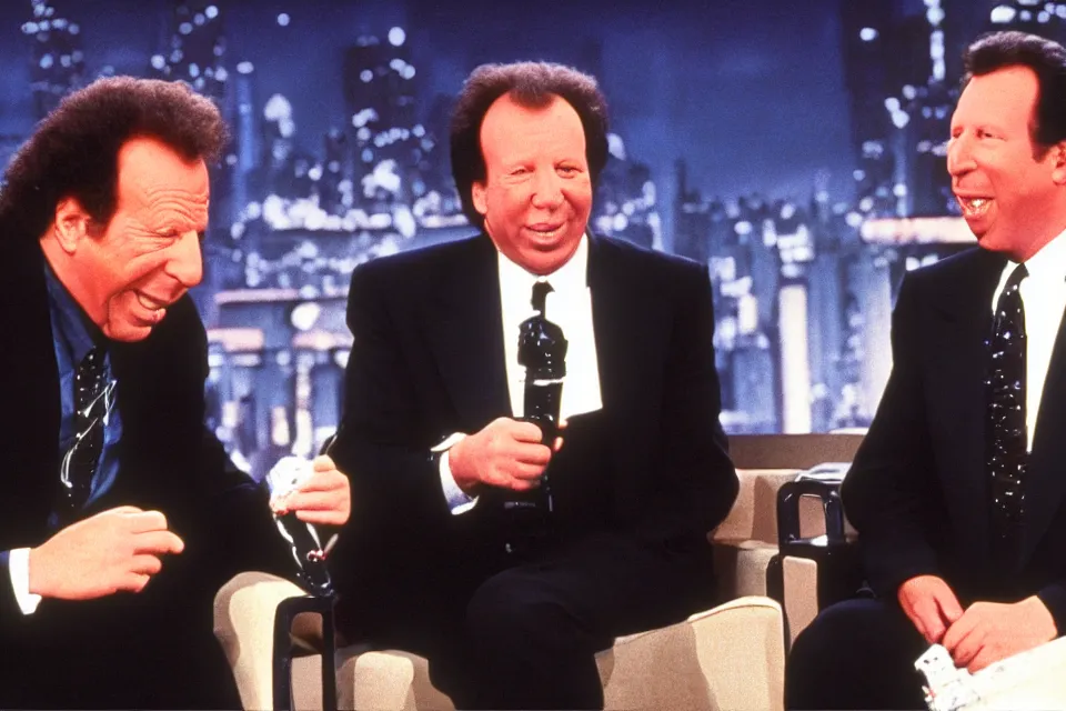 Image similar to still image of darth vader as host of the late night show interviewing gary shandling in 1 9 9 3, vhs tape recording, old footage