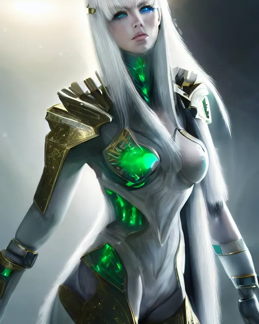 Image similar to perfect white haired attractive egyptian goddess, warframe armor, beautiful, symmetric, dreamy, half asian, pretty face, green eyes, charlize theron, detailed, scifi platform, laboratory, experiment, 4 k, ultra realistic, epic lighting, android body, illuminated, cinematic, masterpiece, art by akihito tsukushi, voidstar