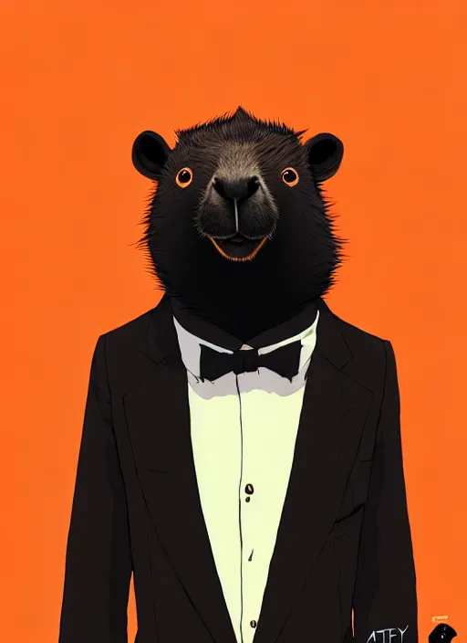 Prompt: highly detailed closeup portrait of an anthropomorphic capybara!, black formal suit by atey ghailan, by greg rutkowski, by greg tocchini, by james gilleard, by joe fenton, by kaethe butcher, gradient orange, black and white color scheme, grunge aesthetic!!! ( ( graffiti tag wall background ) )