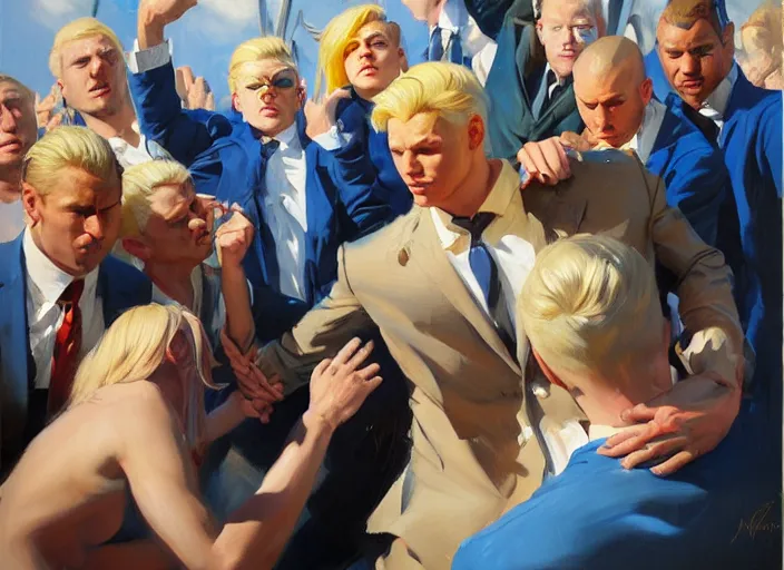 Image similar to greg manchess portrait of a blond man in a blue suit wounded surrounded by a crowd, organic painting, sunny day, matte painting, bold shapes, hard edges, street art, trending on artstation, by huang guangjian, gil elvgren, ruan jia, randy vargas, greg rutkowski