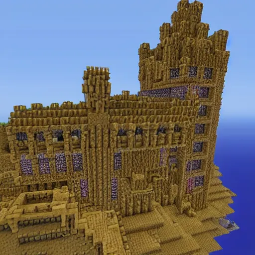 Image similar to realistic steampunk minecraft castle on a cliff overlooking the red sea