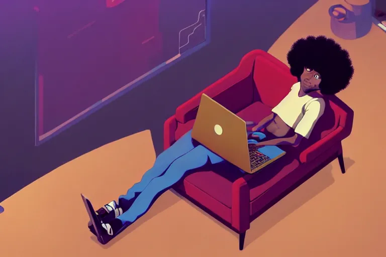 Prompt: a young afro man sitting on a sofa working on a laptop, wide angle shot from above, golden curve composition, animation portrait concept art, style of makoto shinkai, xision, james jean and peter mohrbacher, studio ghibli, artgerm, karol bak, dan mumford, 4 k hd, animation style