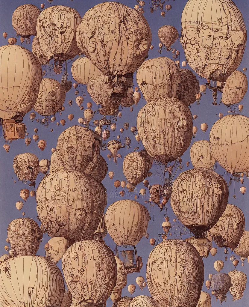 Prompt: human heads as hot air balloons illustration by salvador dali and moebius, intricately detailed