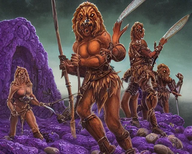 Prompt: Fantasy illustration by Larry Elmore - The pack of kobolds is crouched in a circle. They are snivelling canid humanoids, with scales of rust, and they carry spears. Their leader, a matronly female with numerous tattoos, kneels in the center of the circle and gathers the pulsing purple moss. She has a spear, but it lies across her lap.