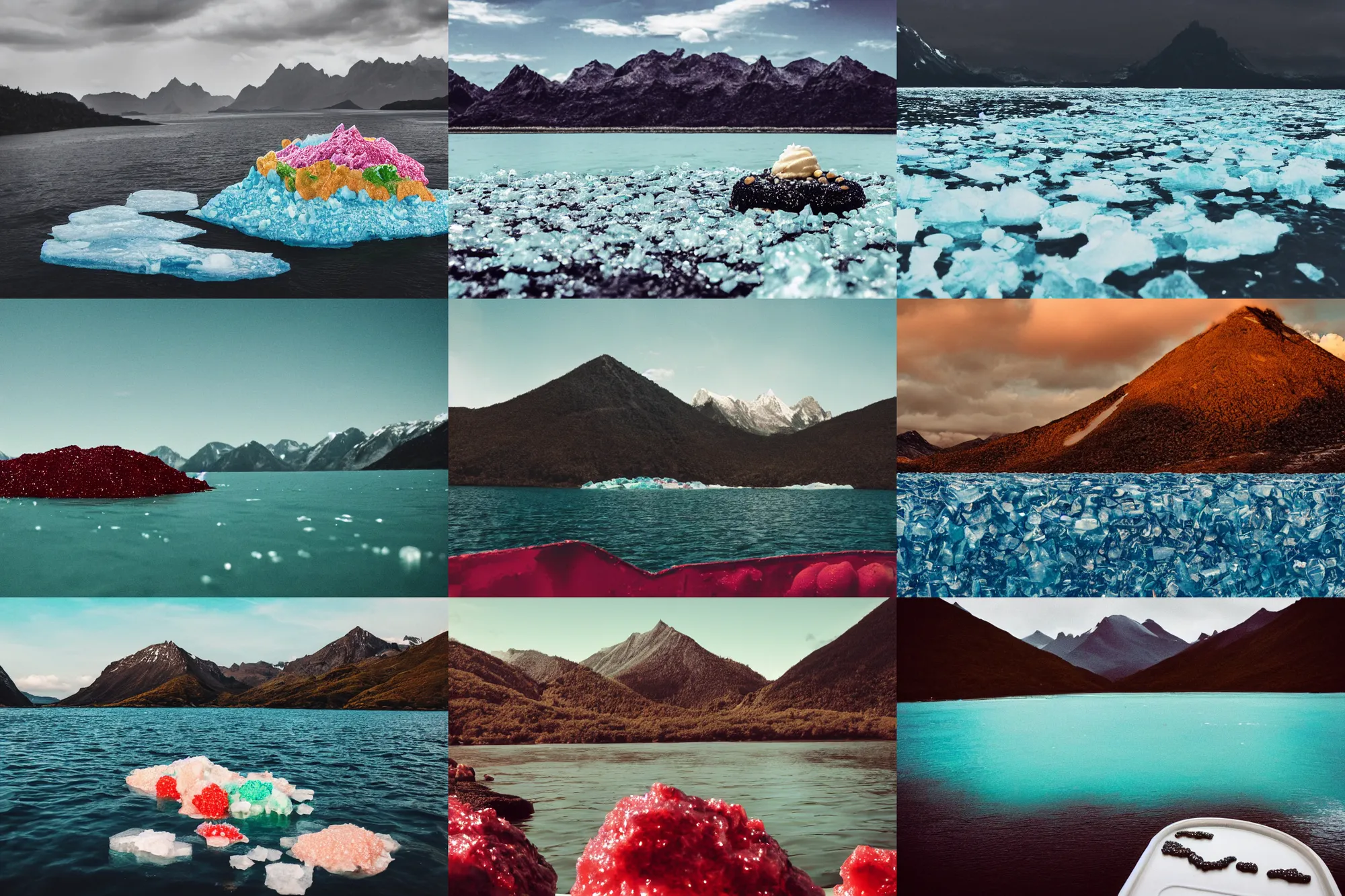 Image similar to an island made of caviar, mountains made of ice cream, coke water ( dark brown water ), colourful, photo taken from a boat, 3 5 mm, cinematic