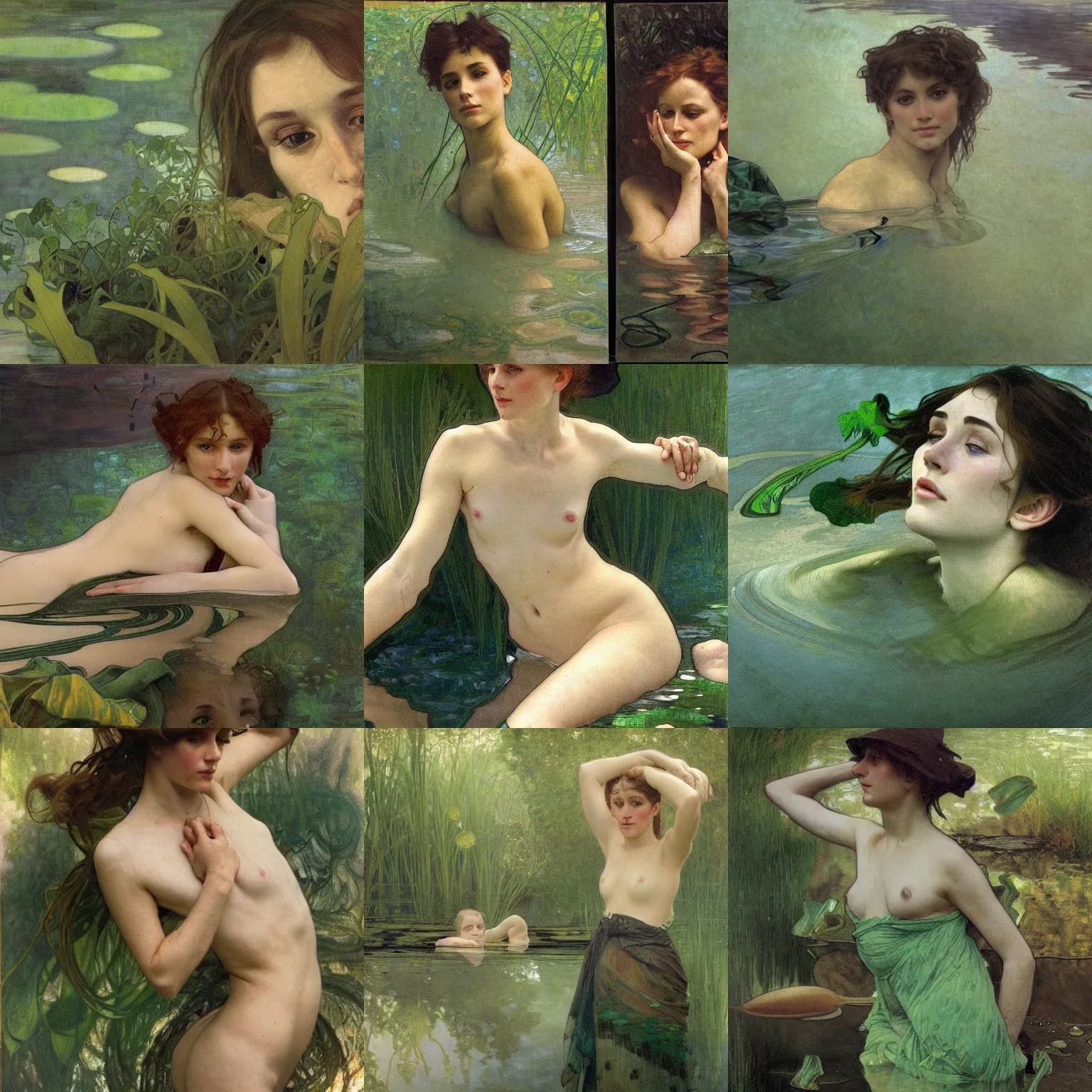 Prompt: hyperrealist portrait in a river, floating, dark green water, algae, by alphonse mucha and lucian freud and bouguereau, fog, very detailed faces