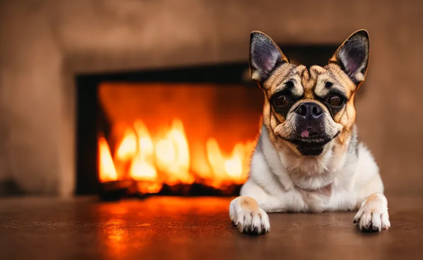 Image similar to studio photography of a dog in front of a fireplace, detailed face, cinematic lighting, 8 k