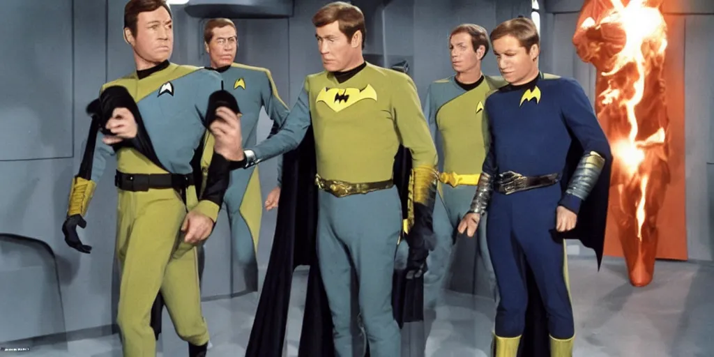 Image similar to ((Batman)) in Starfleet uniform, in the role of Captain Kirk in a scene from Star Trek the original series