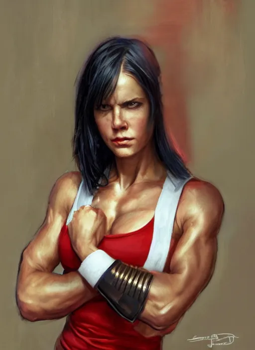 Image similar to a portrait a woman in her 2 0 s, muscular, wearing red tanktop vest with gold lining, white bandages on fists, black hair, short - medium length hair, serious, style by donato giancola, wayne reynolds, jeff easley dramatic light, high detail, cinematic lighting, artstation, dungeons and dragons