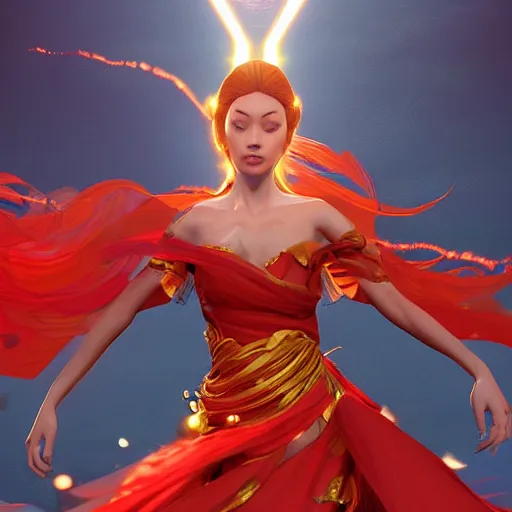 Image similar to goddes of the sun, beautiful, stunning, red golden dress, whirling with power in the sky, unreal engine, concept art, photorealistic, cinematic, james jean, akira, satochi con