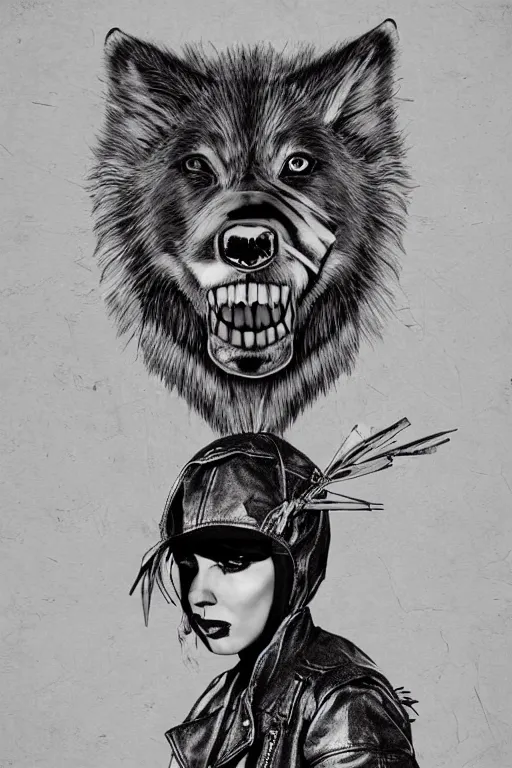 Prompt: portrait of a punk girl wearing a leather jacket with a wolf's head over her face, artwork by boneface