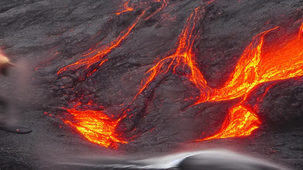 Image similar to person in armor surfing down a river of lava on the side of a volcano on surfboard, action shot, dystopian, thick black smoke and fire, motion blur, sharp focus, cinematic, closeup