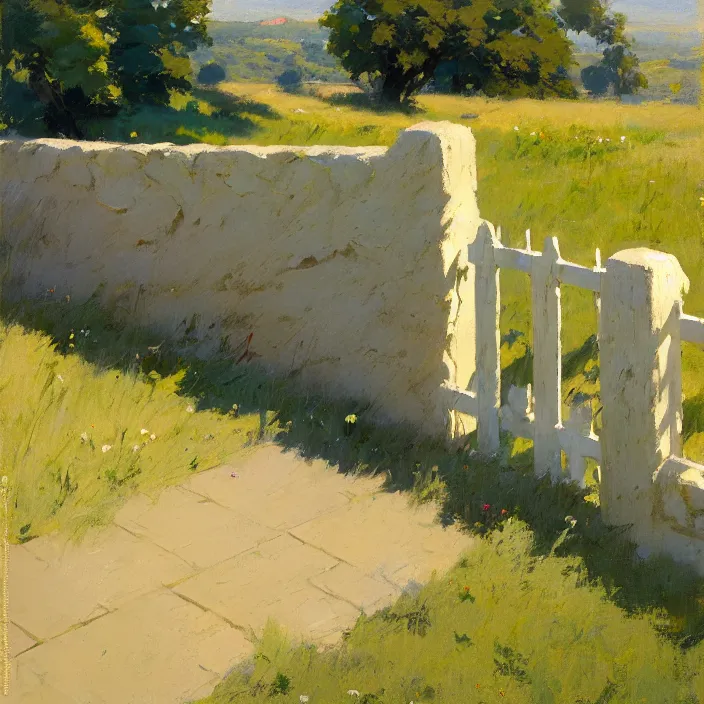 Prompt: painting of a stone railing, countryside, calm, sunny day, artwork by jeremy lipkin and giuseppe dangelico pino and michael garmash and rob rey and greg manchess and huang guangjian and makoto shinkai, sharp edges, simple form, 1 0 0 mm