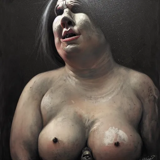 Image similar to portrait of the face of big fat old sumoringer as despair from sandman, venus of willendorf, by jeremy mann, by gregory crewdson, by bastien lecouffe deharme, by russ mills, sad face, topknot, black hair, mourning, black eyes, white room, soft lightning, high detailed, 8 k