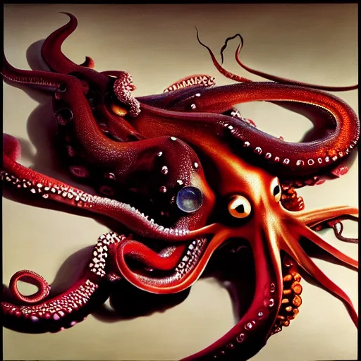 Image similar to hyperrealism photography in araki nobuyoshi dramatic scene from movie the big lebowski style computer simulation visualisation of detailed octopus riding eating human octopus in the detailed ukrainian village