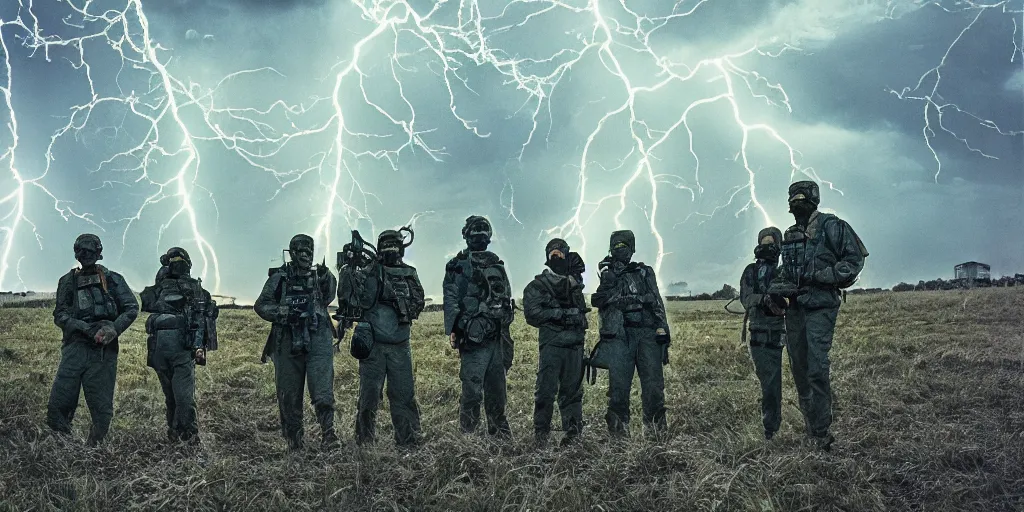 Image similar to photograph of private military company operatives standing outside carbon capture facility, cinematic, realistic, detailed, intricate, dramatic, ambient lightning, by jordan grimmer, pop art style, 3 5 mm film grain,