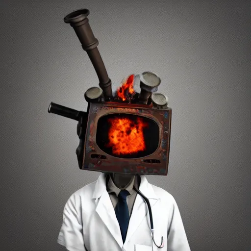 Prompt: An album cover, fire, mask, stethoscope, 3d render, ((robot)), (unreal engine), ((rust)), photograph, portrait, painting