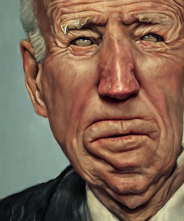 Image similar to hyperrealistic close up studio portrait of aging old Joe Biden age 103 wrinkled sad, oil painting by Ivan Albright and Lucian Freud and Ron Mueck, trending on artstation Studio lighting hyperrealism