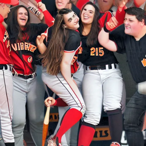 Prompt: rebecca black scores a homerun baseball grand slam at dennys